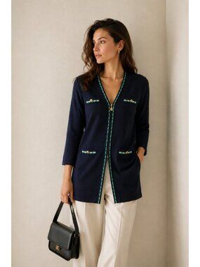 ARA Golf Cardigan Sweater Women’s 12/ EU 40 Navy Green Trim Full Zip Wool Blend
